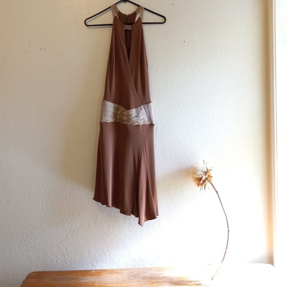 Vintage 90s Keyhole Asymmetric Mocha/Tan Flapper Inspired Dress - Picture 16 of 16